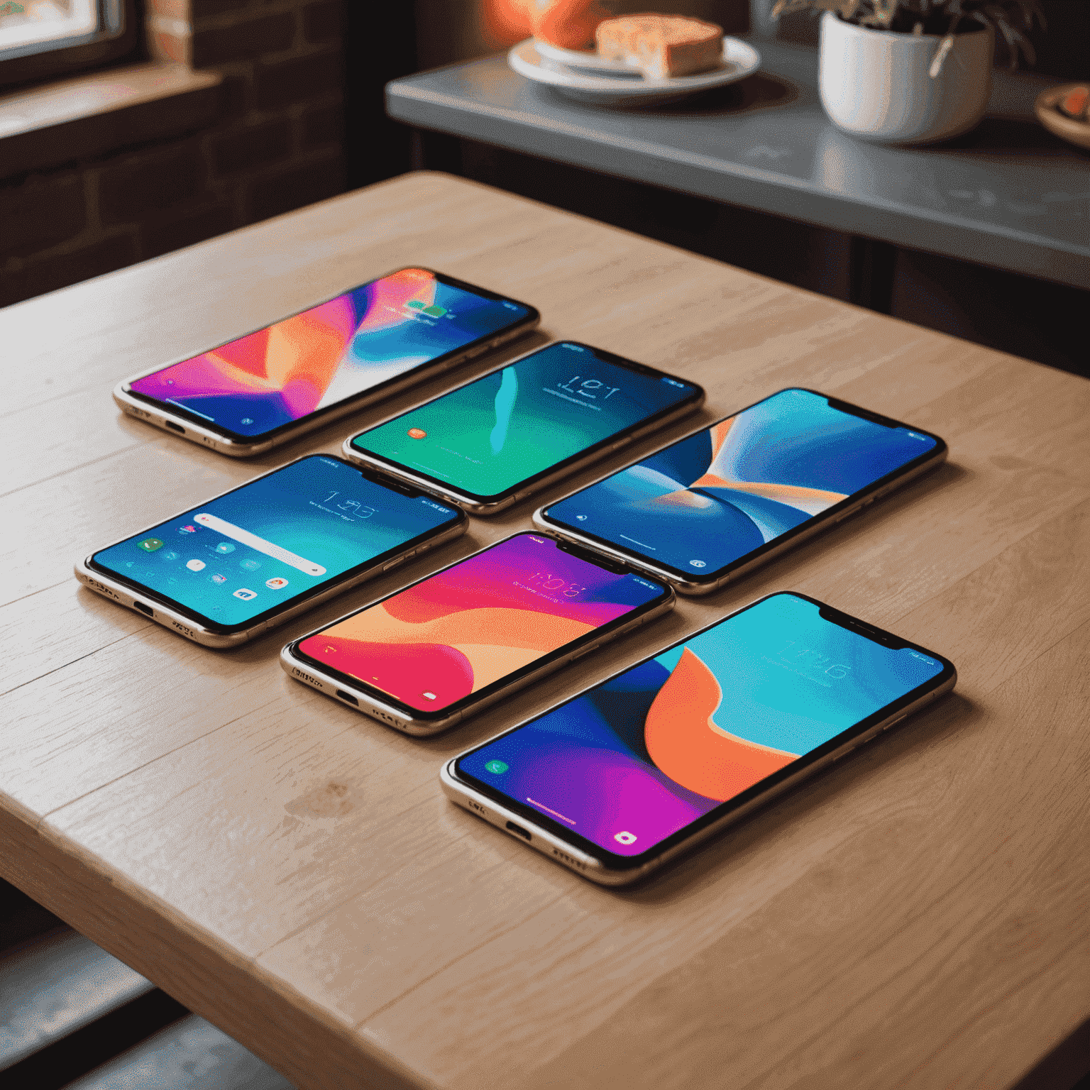 Various new smartphone models displayed on a sleek table with vibrant backgrounds showcasing their screens and features