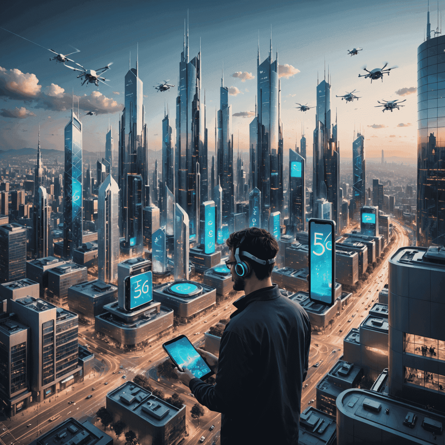 A futuristic cityscape with 5G towers and people using advanced mobile devices, showcasing the interconnectedness of 5G technology