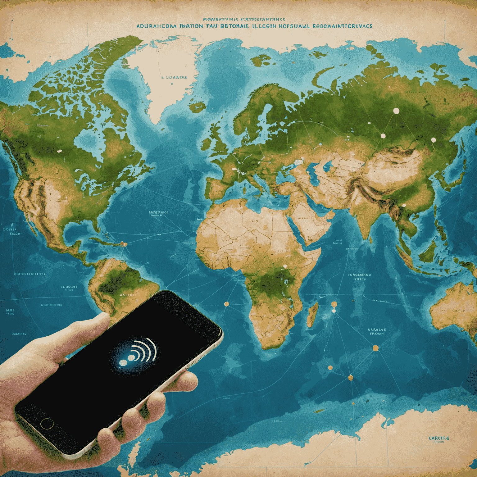 A world map with mobile phone signals connecting different countries, representing international roaming services
