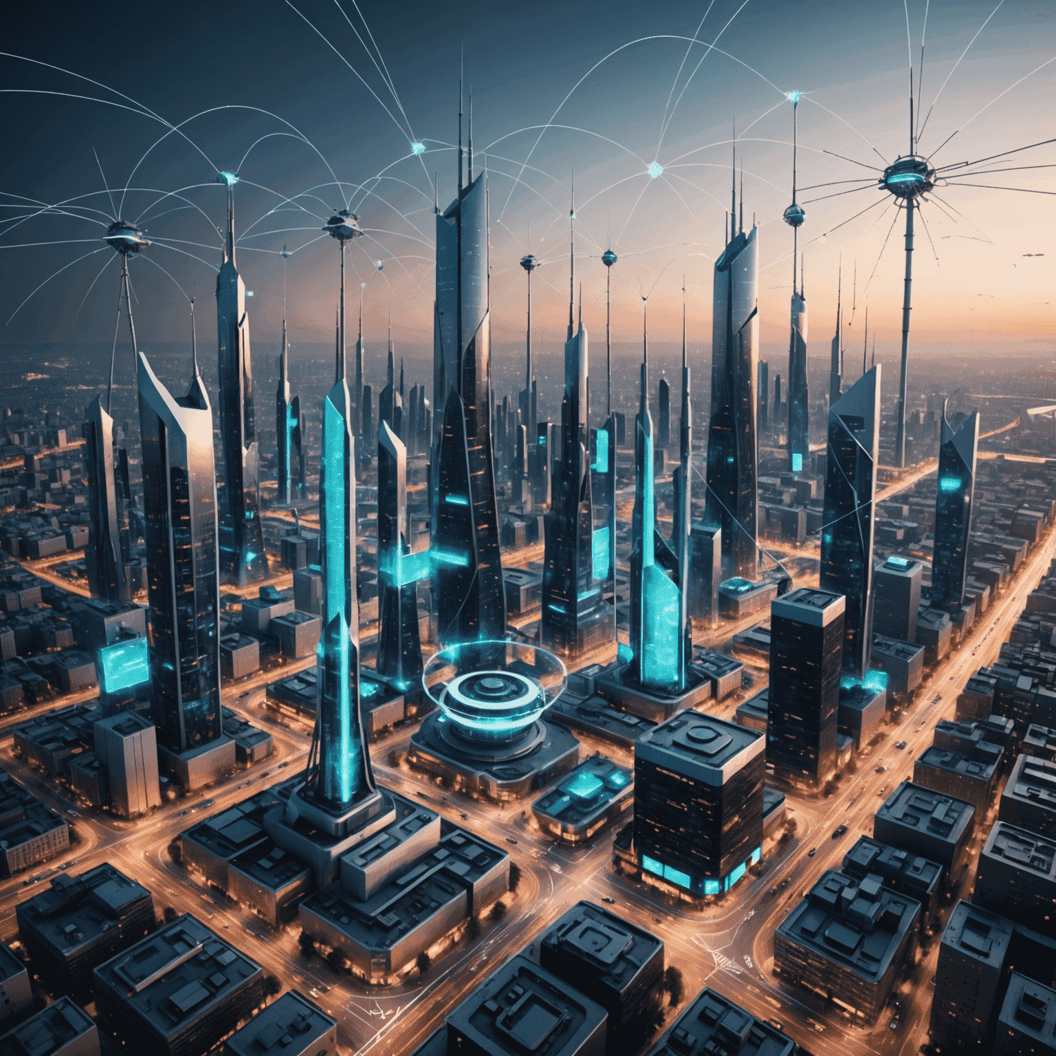 Futuristic cityscape with 5G towers and devices connected through a visible network of signals