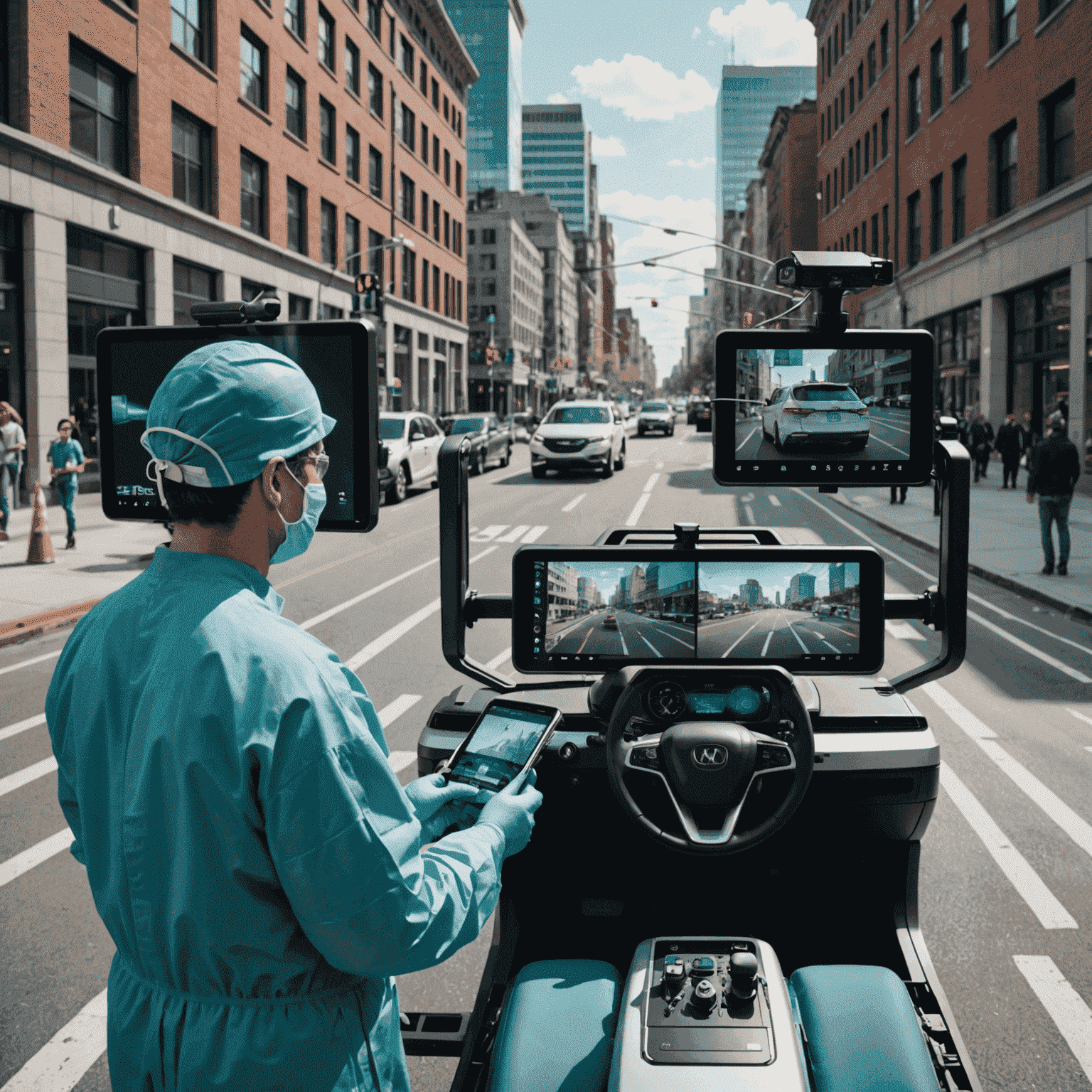 Split screen showing a surgeon performing remote surgery using 5G technology on one side, and an autonomous vehicle navigating city streets on the other, emphasizing low latency applications