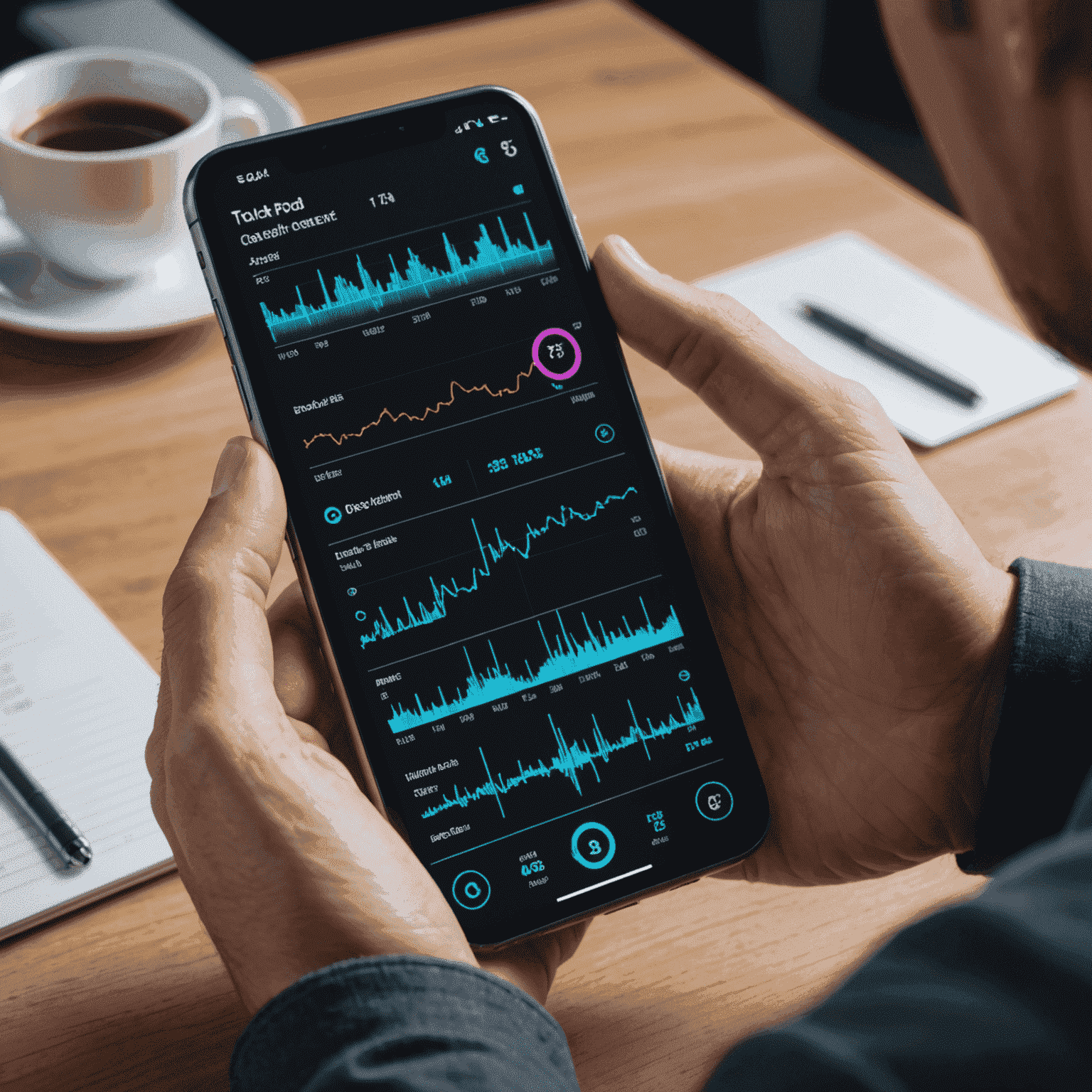 A person using a smartphone to track their health metrics, with holographic projections of heart rate, step count, and other health data floating around the device