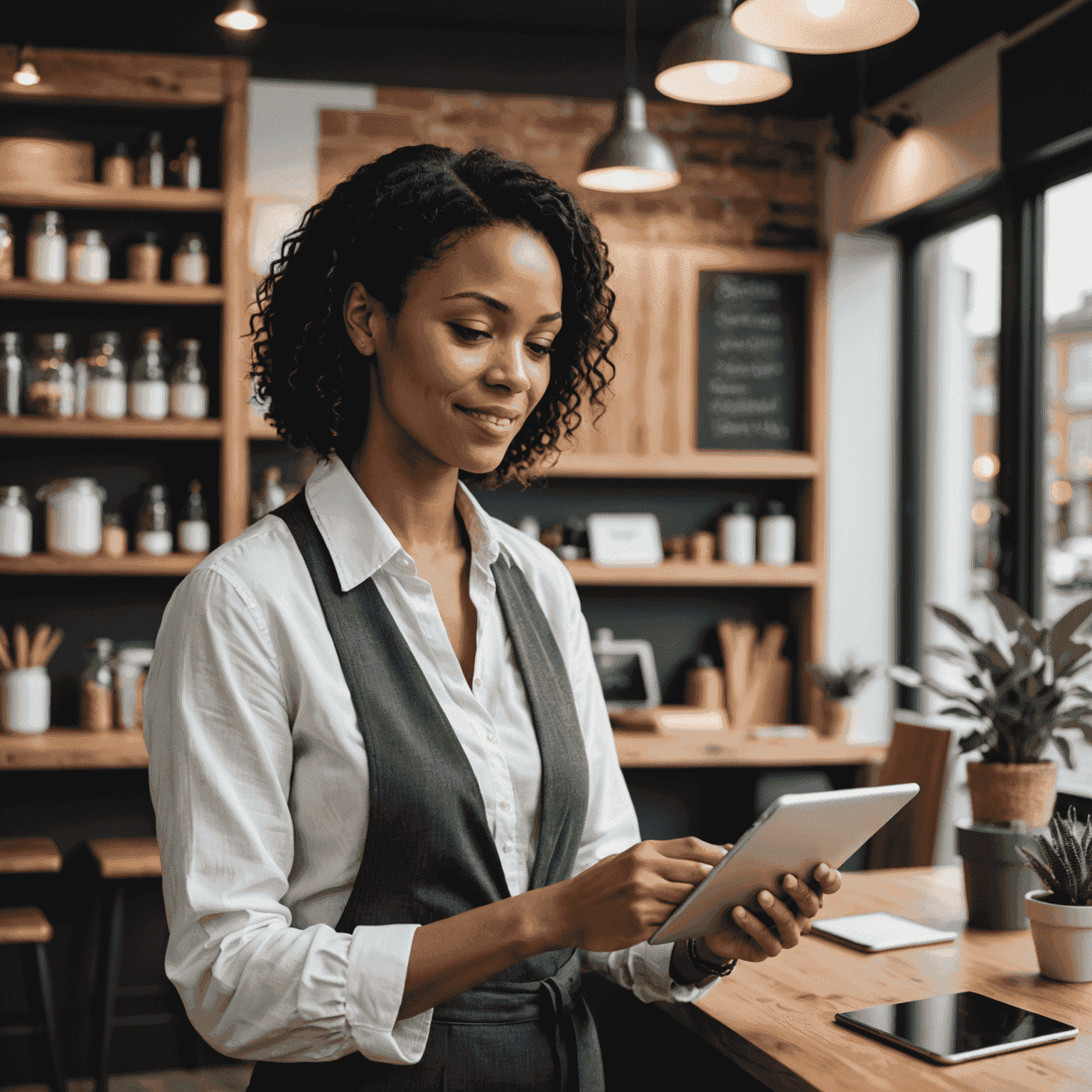 A small business owner using a tablet and smartphone, representing tailored communication solutions for small businesses