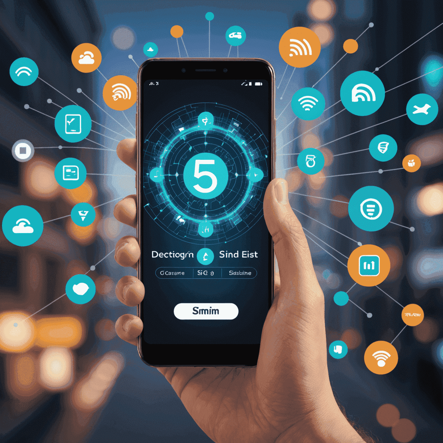 A hand holding a smartphone with an animated graphic showing the transition from physical SIM cards to eSIM technology, with 5G symbols in the background