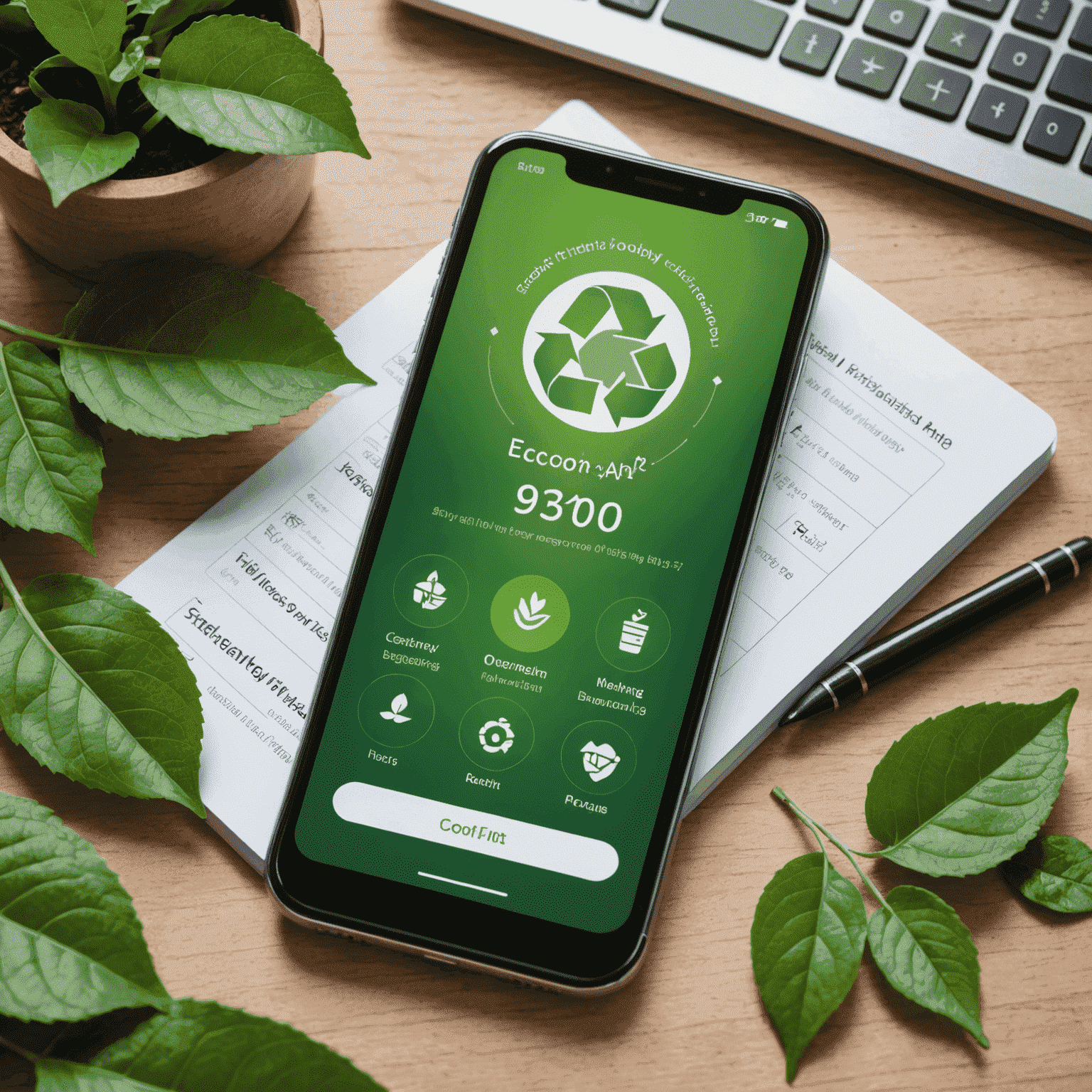 A smartphone screen showing an eco-friendly app interface with green leaves, recycling symbols, and a carbon footprint calculator