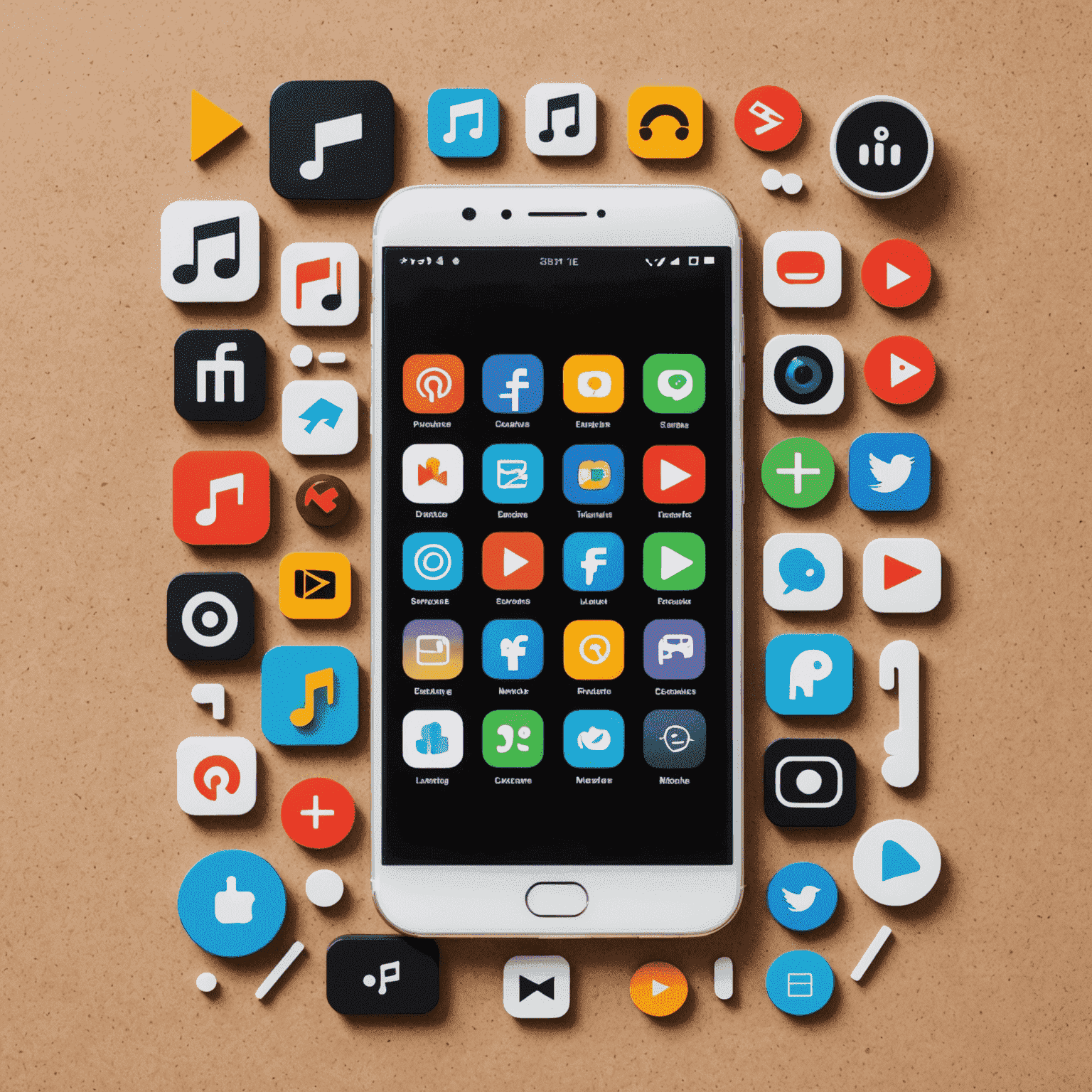 A collage of entertainment icons including games, music notes, and video play buttons on a smartphone screen