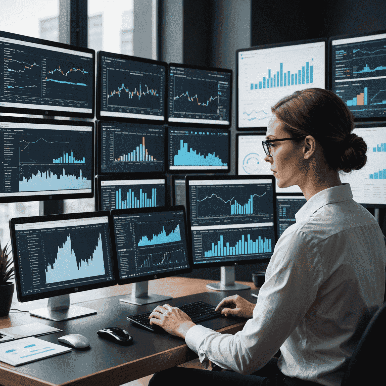 A person analyzing data charts on multiple screens, representing advanced data management solutions for businesses