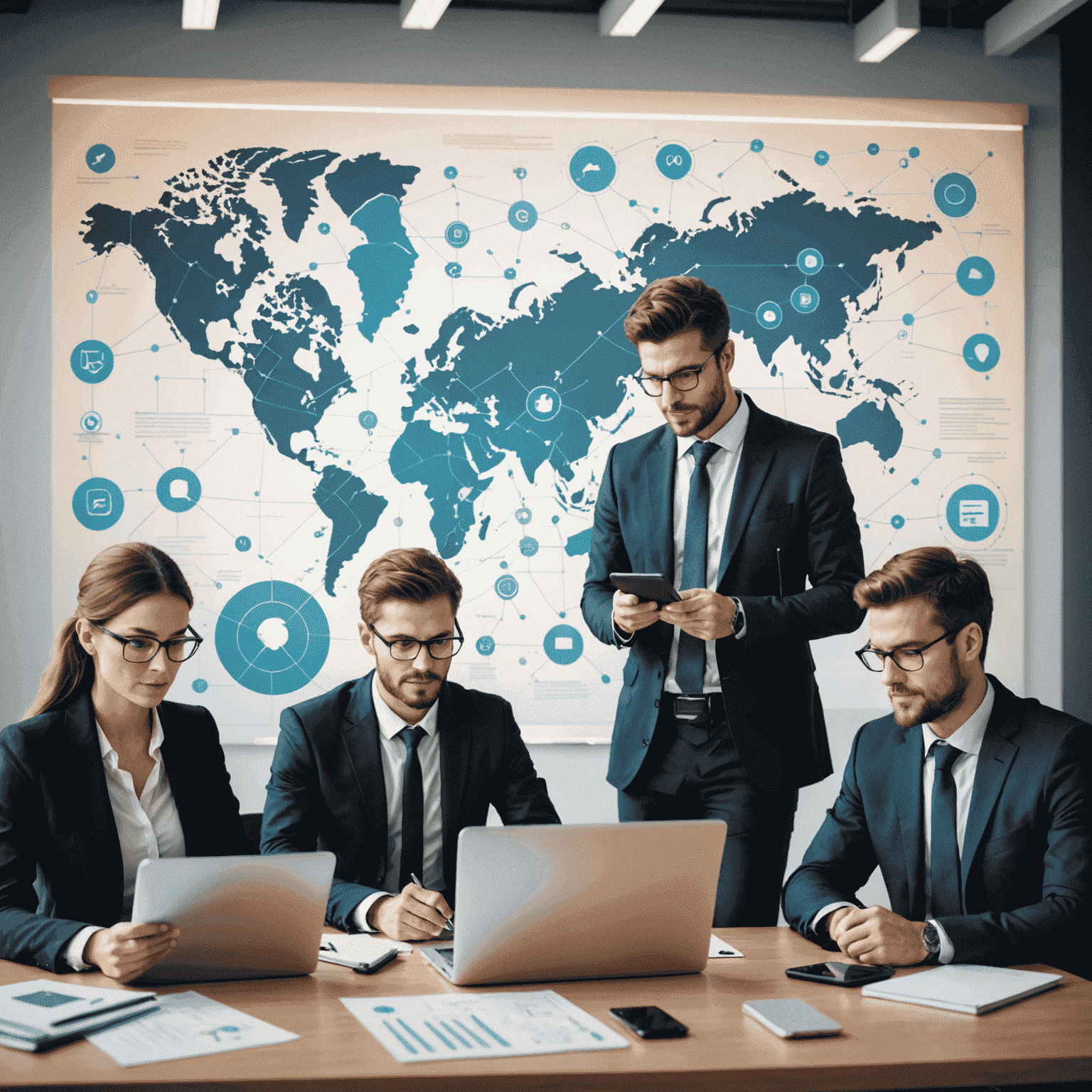 Professional setting with business people using various communication devices and a network diagram in the background