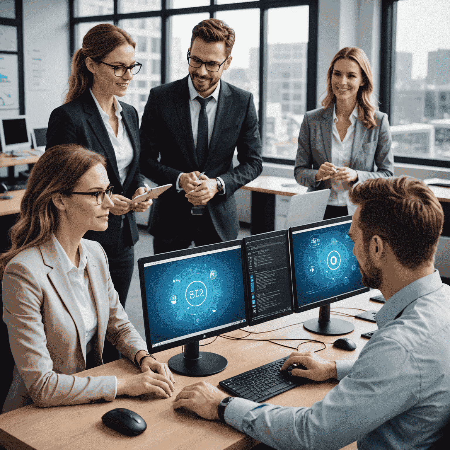 A team of IT professionals customizing communication solutions on computers, representing tailored business solutions